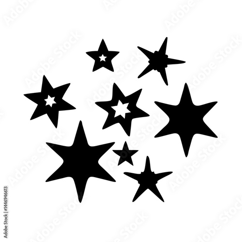 A cluster of cartoonish black stars on a white background image