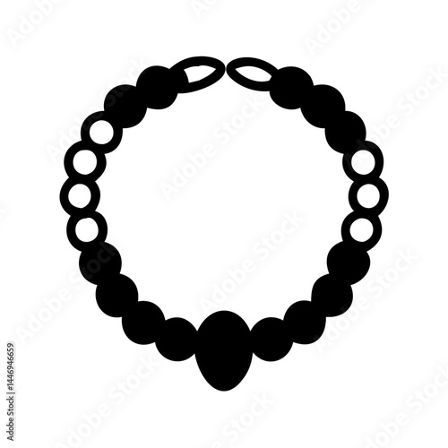 Stylized beaded necklace with a large central oval bead in black silhouette