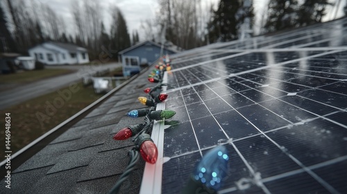 Close-up solar panels, Christmas lights, festive roof decorations Energy efficiency, holiday season, renewable energy - technology ornament close-up