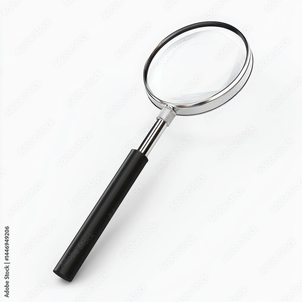 A magnifying glass with a black handle on a white surface in a studio shot A magnifying glass with a black handle on a white surface in a studio shot