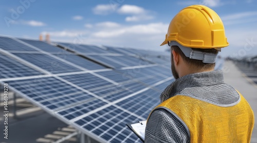 Engineer reviewing solar farm blueprint, back view, sunny day - farm drawing summer sunny