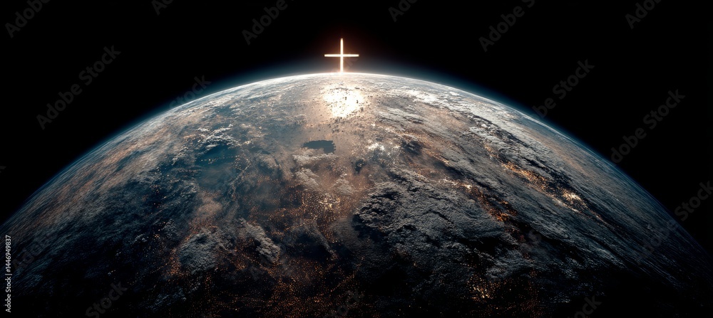 Jesus Cross symbol over planet earth. Christianity religion faith worship spirituality concept. Generative AI technology.