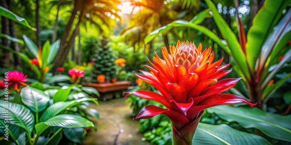 Fototapeta premium Exotic Paradise Flower in Full Bloom , botanical garden, lush greenery