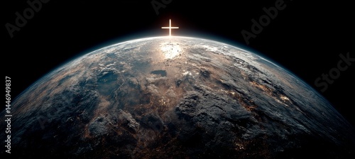 Obraz na płótnie Jesus Cross symbol over planet earth. Christianity religion faith worship spirituality concept. Generative AI technology.
w salonie