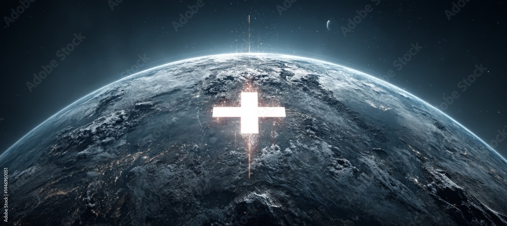 Glowing Jesus Cross on planet earth. Christianity religion faith worship spirituality concept. Generative AI technology.