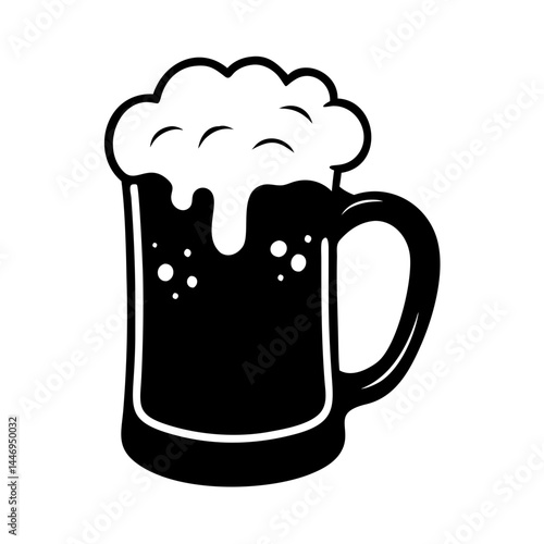 Stylized Black and White Illustration of a Frothy Beer Mug Glass