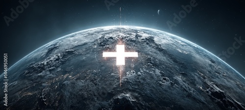 Obraz na płótnie Glowing Jesus Cross on planet earth. Christianity religion faith worship spirituality concept. Generative AI technology.
w salonie