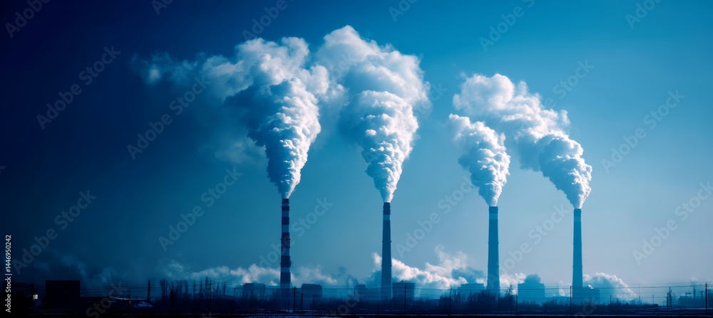 Smoke pollution from factory chimney. Climate change environment nature disaster. Generative AI technology.