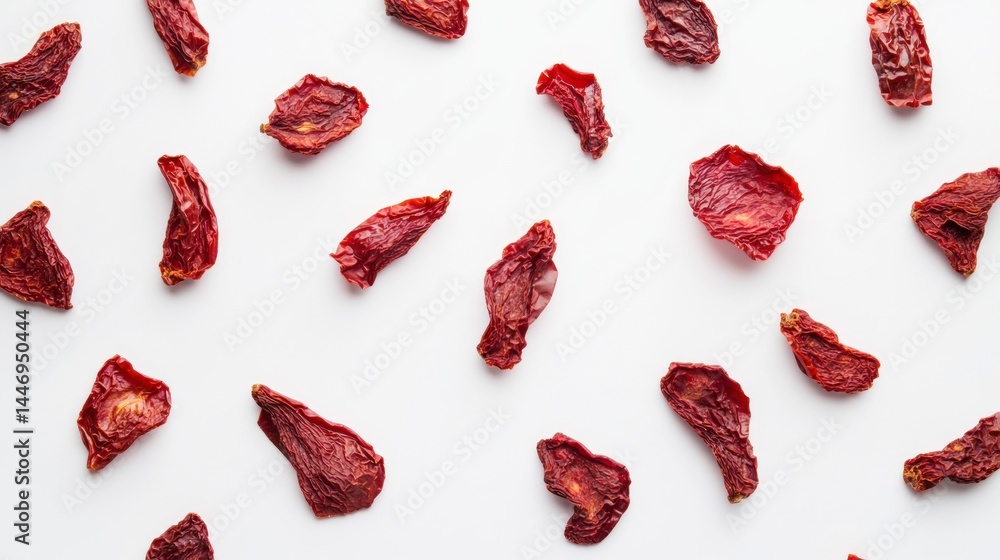 Fototapeta premium Dehydrated red tomato slices scattered on white background