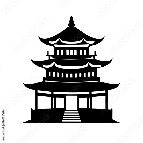 Detailed silhouette of a three tiered traditional Japanese or Chinese pagoda