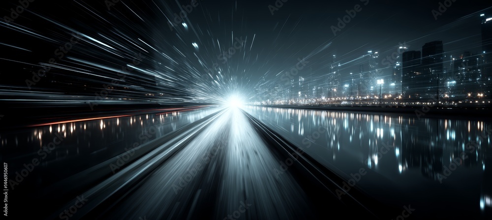 Light fast speed effect at night city. Generative AI technology.