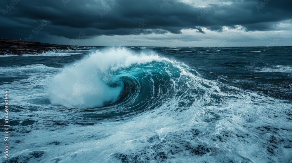 Naklejka premium Powerful Ocean Wave Crashing Under Dark Stormy Sky