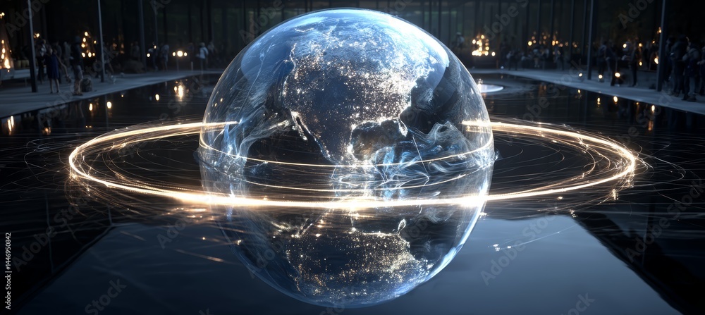 Earth planet realistic visual with circular light. Generative AI technology.