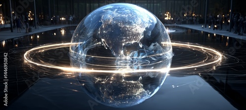 Earth planet realistic visual with circular light. Generative AI technology.	
