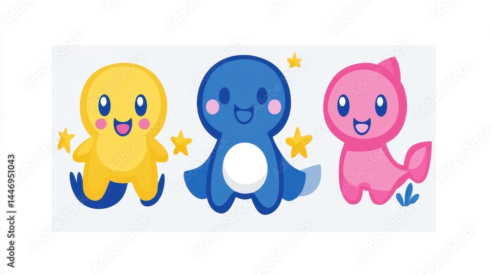 Obraz premium Cute pixel art monsters adorable cartoon characters yellow blue pink kawaii creatures digital illustration playful fantasy world vibrant