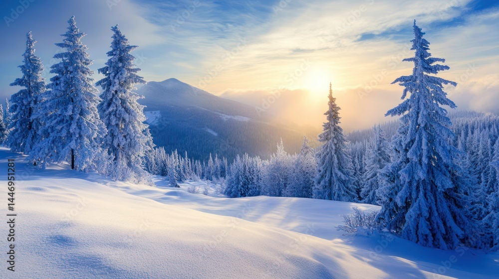 Winter landscape with snow-covered trees and mountains at sunset Winter landscape with snow-covered trees and mountains at sunset