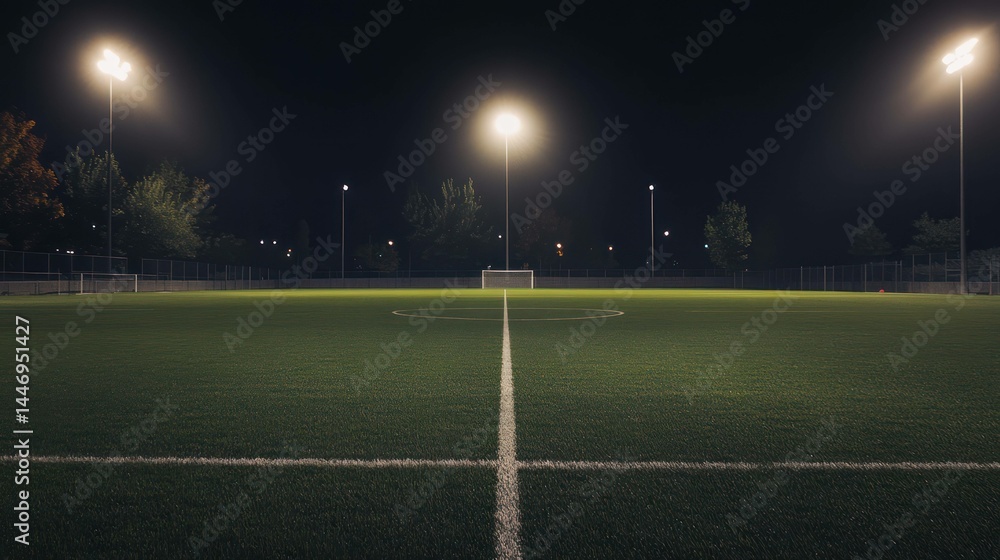Fototapeta premium Empty soccer field at night illuminated by bright floodlights.