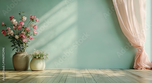 A peaceful room with pastel pink flowers and sheer curtains.