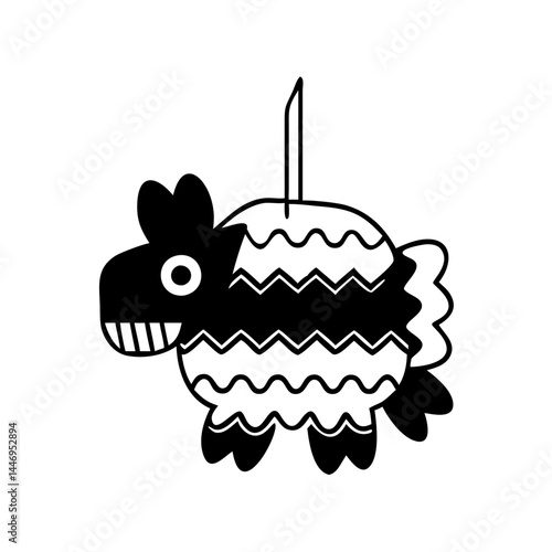 Monochrome donkey pinata drawing with decorative stripes for festive celebration
