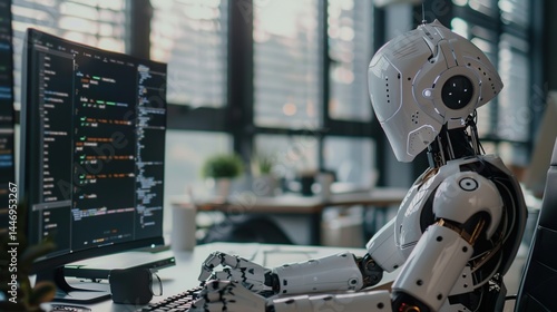 Smart robot is working sitting at an office desk with a computer screen