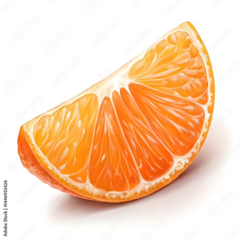 A single realistic wedge of mandarin, juicy flesh with translucent segments and a glossy orange peel edge A single realistic wedge of mandarin, juicy flesh with translucent segments and a glossy orange peel edge