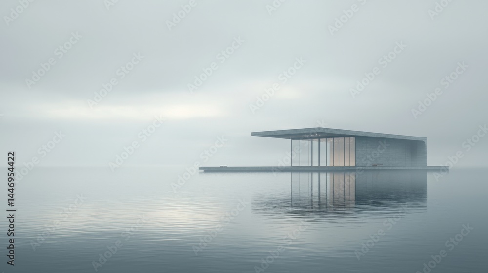 A minimalist modern building reflecting on calm water in a foggy atmosphere. A minimalist modern building reflecting on calm water in a foggy atmosphere.