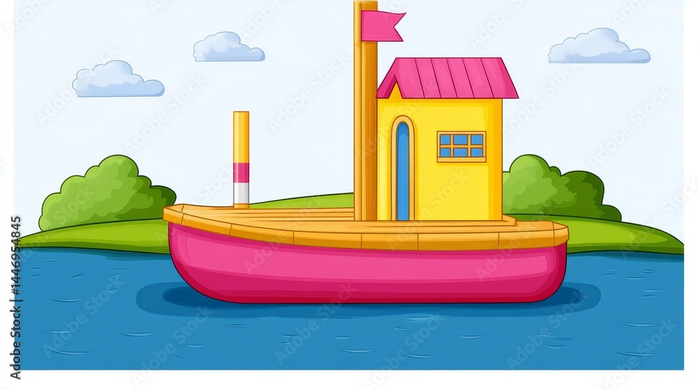 Obraz premium Cartoonish pixelated boat house with pink hull and yellow cabin sailing on a blue lake with green shoreline and playful clouds in the sky