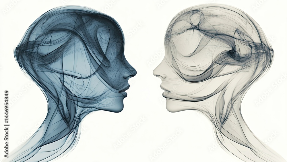 Two ethereal heads facing, smoke-like forms suggest connection and communication Two ethereal heads facing, smoke-like forms suggest connection and communication
