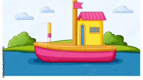 Cartoonish pixelated boat house with pink hull and yellow cabin sailing on a blue lake with green shoreline and playful clouds in the sky