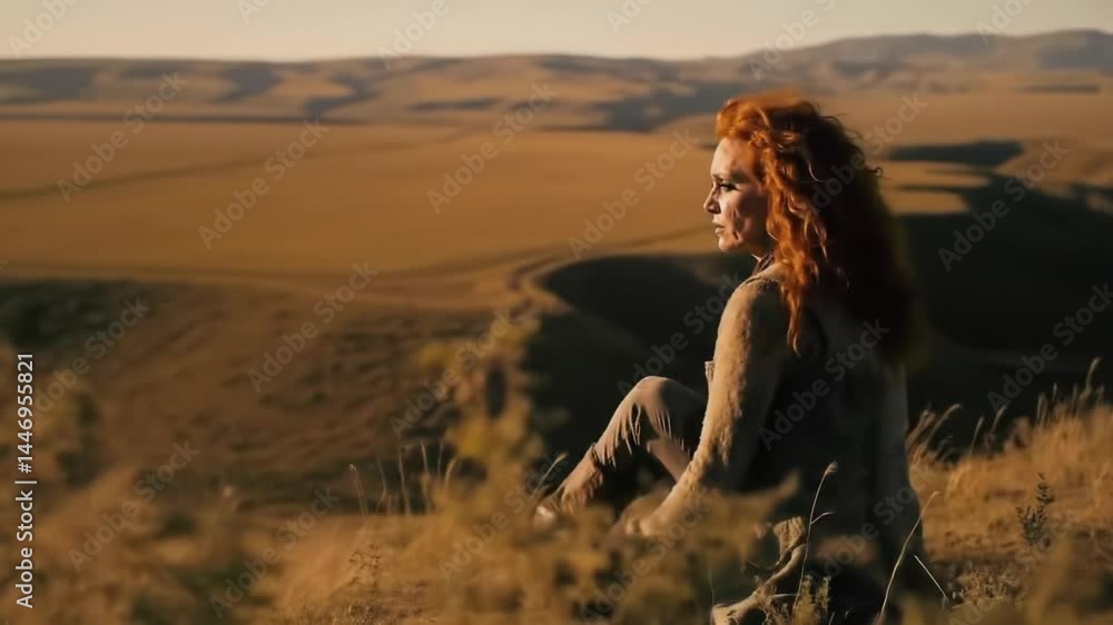 Woman sitting on hillside contemplating vast landscape in sunset light Woman sitting on hillside contemplating vast landscape in sunset light