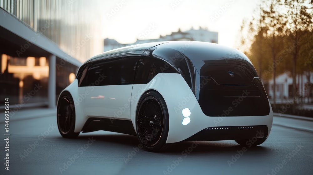 Futuristic Autonomous Vehicle Concept in an Urban Landscape during Golden Hour Futuristic Autonomous Vehicle Concept in an Urban Landscape during Golden Hour