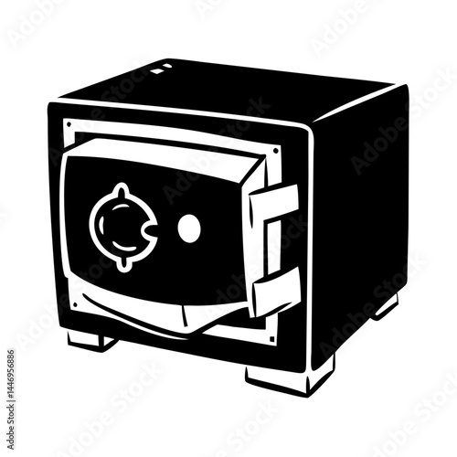 A Black and White Cartoon Illustration of a Sturdy Metal Safe