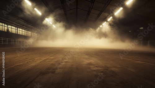 An empty, dusty indoor arena with bright overhead lights