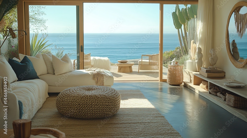 Fototapeta premium Coastal living room with ocean views and modern design.