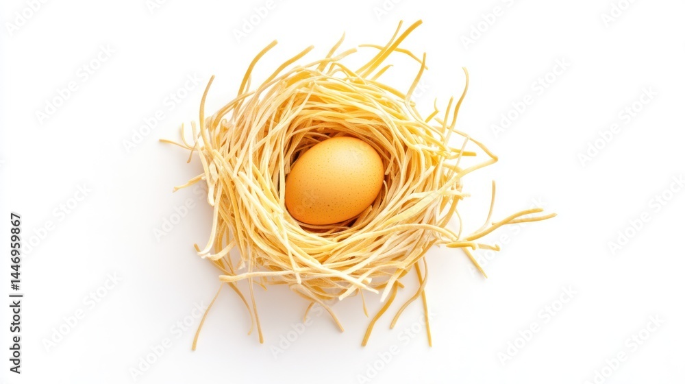 Fototapeta premium Egg in a birds nest of thin branches on a clean white background.