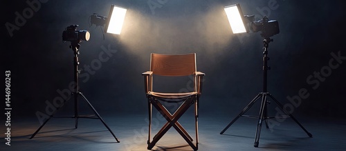 A wooden director's chair sits in the center of a studio, illuminated by two lights on tripods