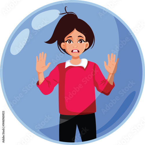 Anxious Woman Trapped in a Bubble Vector Cartoon Illustration. Stressed person who feels suffocated in a closed space 
