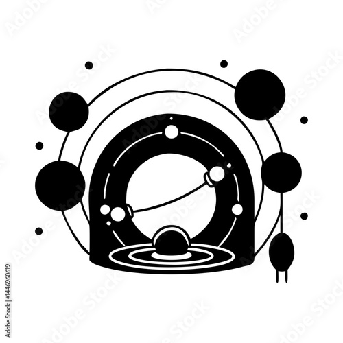 Abstract Celestial Design with Planets Orbiting a Central Star in a Stylized Solar System Representation