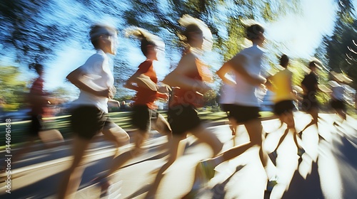 Blurred motion of a large group of runners.