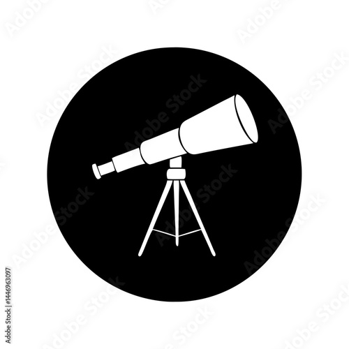 A White Telescope on a Black Circle Background Icon Illustration Graphic Design