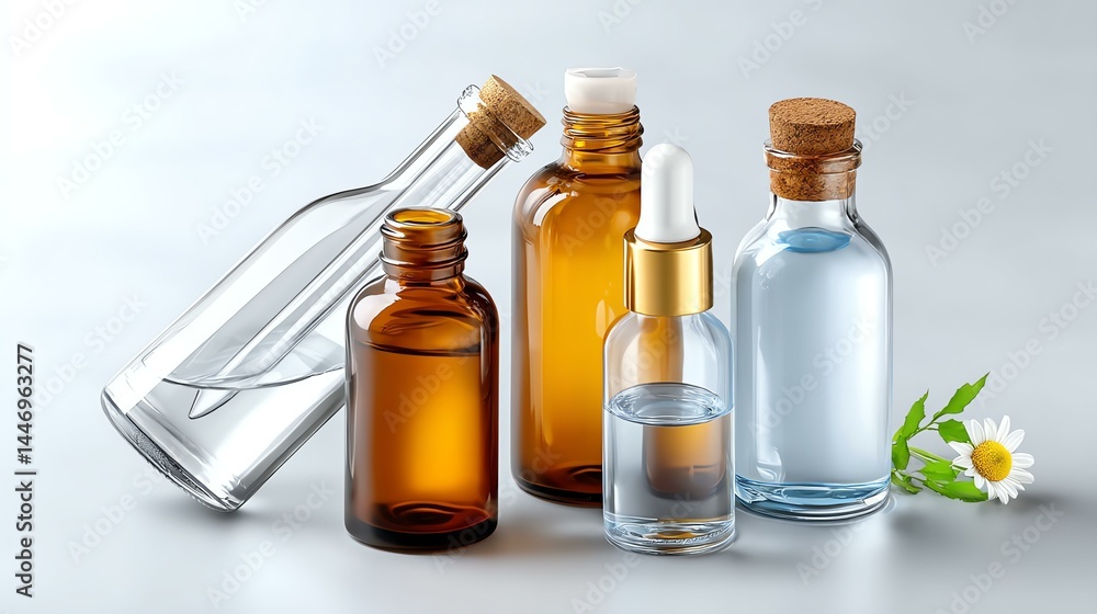 Various glass bottles with liquids and herbs. Various glass bottles with liquids and herbs.