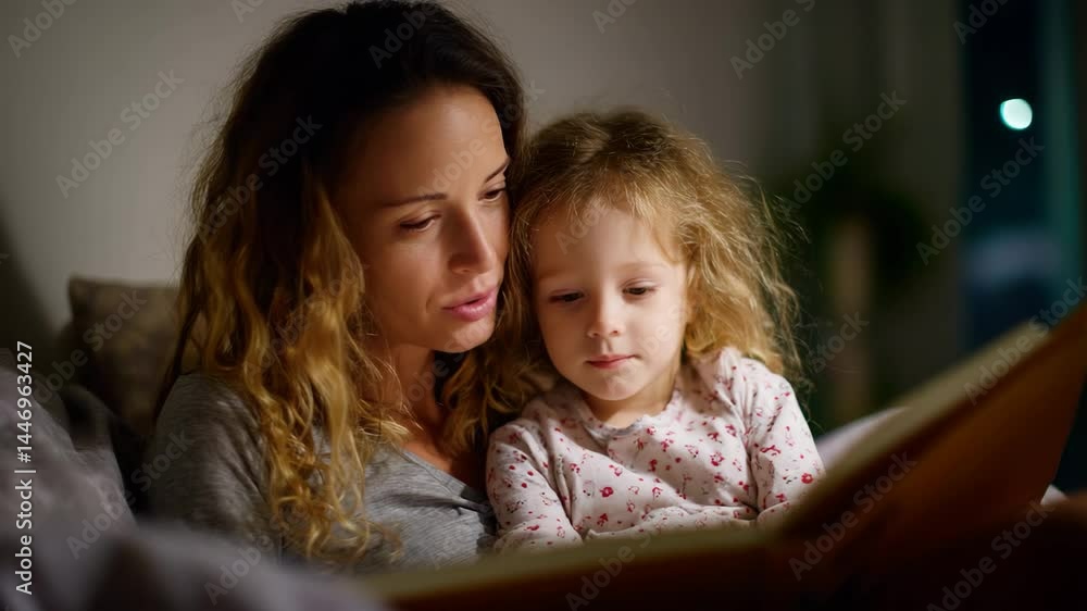 A mother gently reads a bedtime story to her child, creating an intimate moment filled with love, nurturing, and the joy of sharing stories as part of their routine. A mother gently reads a bedtime story to her child, creating an intimate moment filled with love, nurturing, and the joy of sharing stories as part of their routine.