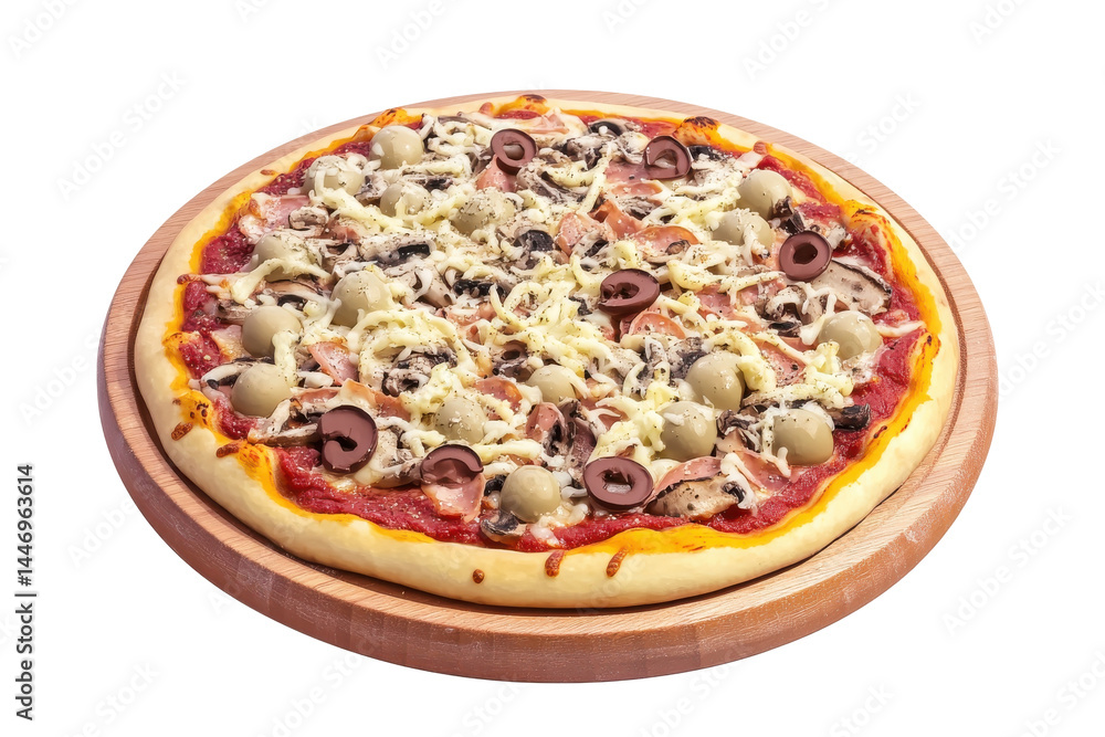 An appetizing pizza with mushrooms, cheese, olives on a wooden board awaits An appetizing pizza with mushrooms, cheese, olives on a wooden board awaits