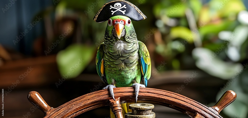 Naklejka premium Adorable Pirate Parrot Standing on Ship Wheel. Fantasy Illustration.