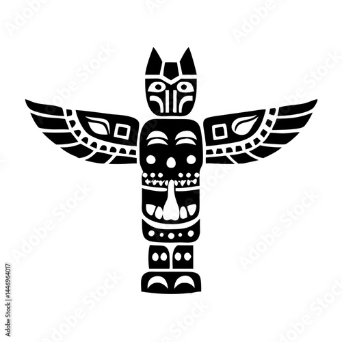 Native American Totem Pole with Bird Wings and Detailed Carvings  Black and White Illustration