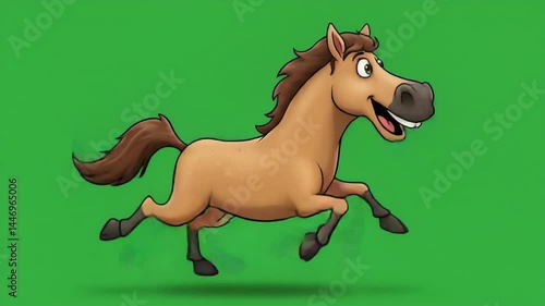 Animated cartoon horse running against green screen background