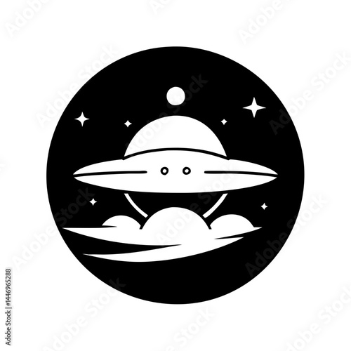 Unidentified Flying Object over Night Sky with Stars and Clouds Simple Icon Design