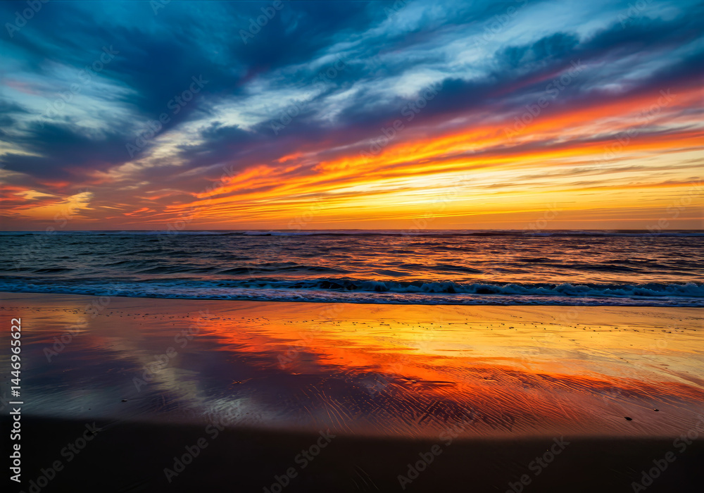 Fototapeta premium spectacular sunset over the ocean reflecting vibrant colors on the beach