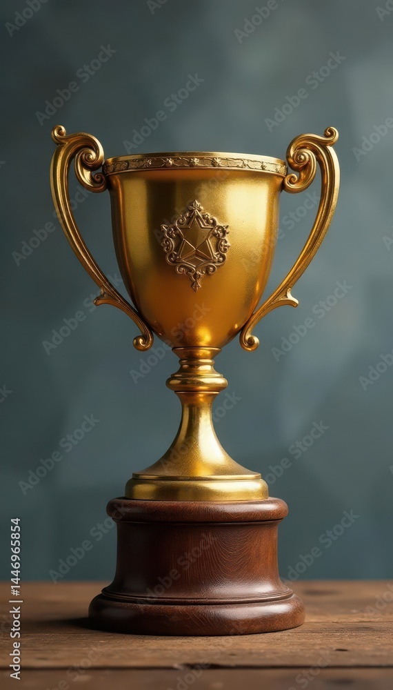 Golden trophy gleams on rustic wood, striking gray polygonal background , prestigious, image Golden trophy gleams on rustic wood, striking gray polygonal background , prestigious, image