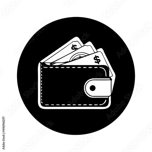 Black and White Illustration of a Wallet with Money Inside a Circle